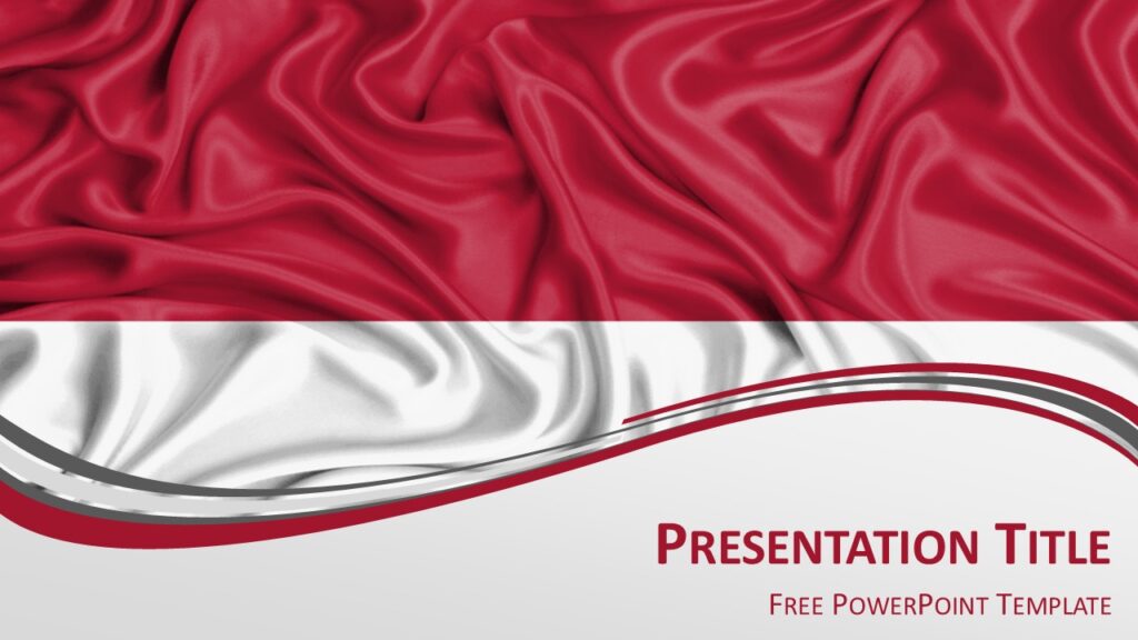 Indonesia flag PowerPoint template with waving red and white Indonesian flag and elegant wave design for presentation slides.