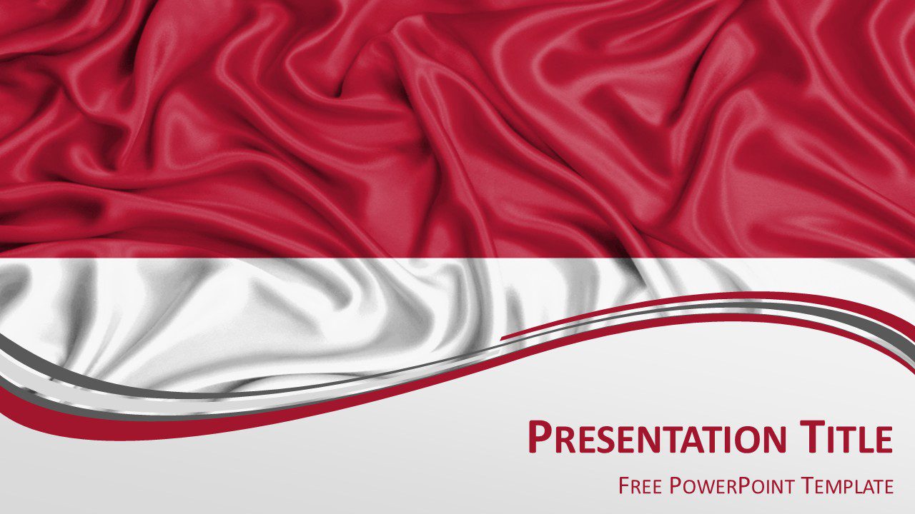 Indonesia flag PowerPoint template with waving red and white Indonesian flag and elegant wave design for presentation slides.