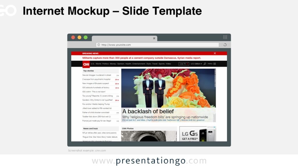 Internet Browser Mockup Template for PowerPoint Internet browser mockup template for PowerPoint showing a website layout displayed inside a flat design web browser window.