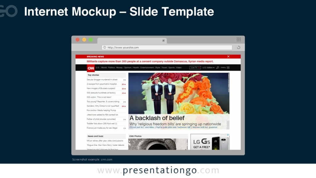 Internet Browser Mockup Template for PowerPoint Dark Slide Internet browser mockup template for PowerPoint on dark background displaying a website layout inside a browser frame.