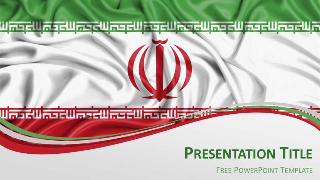 Iran Flag PowerPoint Template for PowerPoint and Google Slides Iran flag PowerPoint template featuring waving Iranian flag with green white red stripes and emblem with wave design.