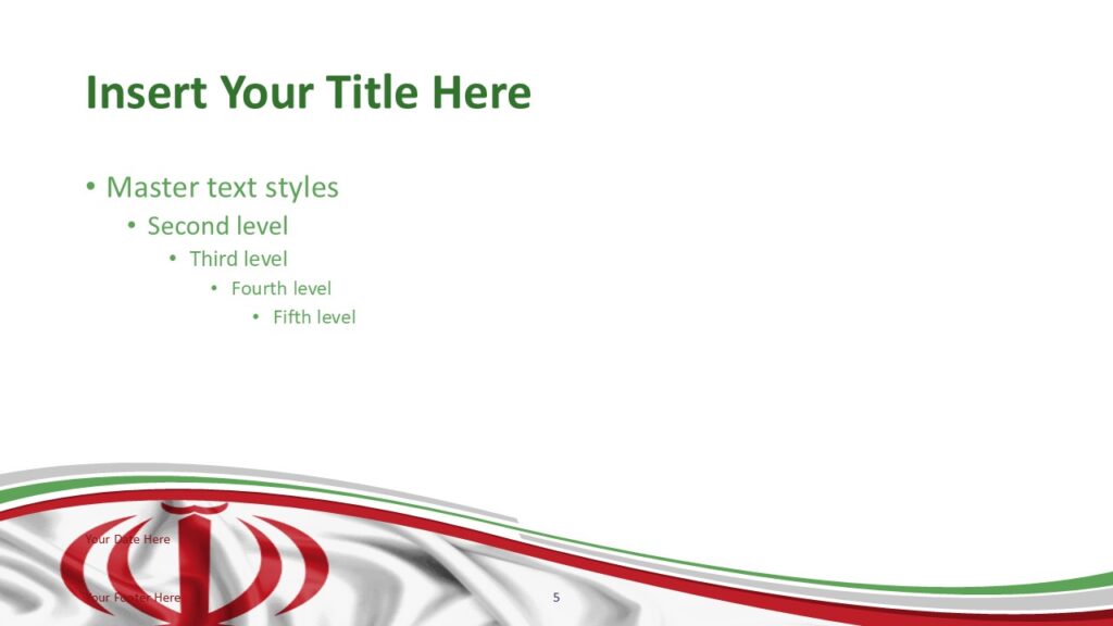 Iran Flag Emblem Slide Template for PowerPoint PowerPoint slide template featuring Iranian flag emblem with green white red wave design.
