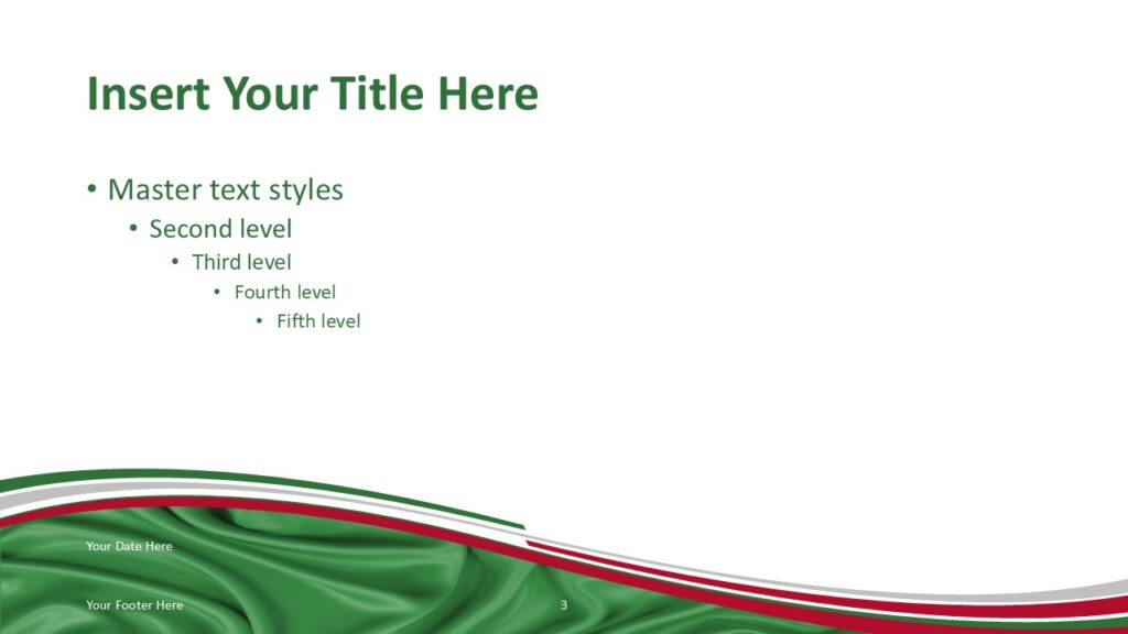 Italy Flag PowerPoint Template Green Wave Slide Italy flag PowerPoint template slide with green fabric wave background and Italian tricolor ribbon design.