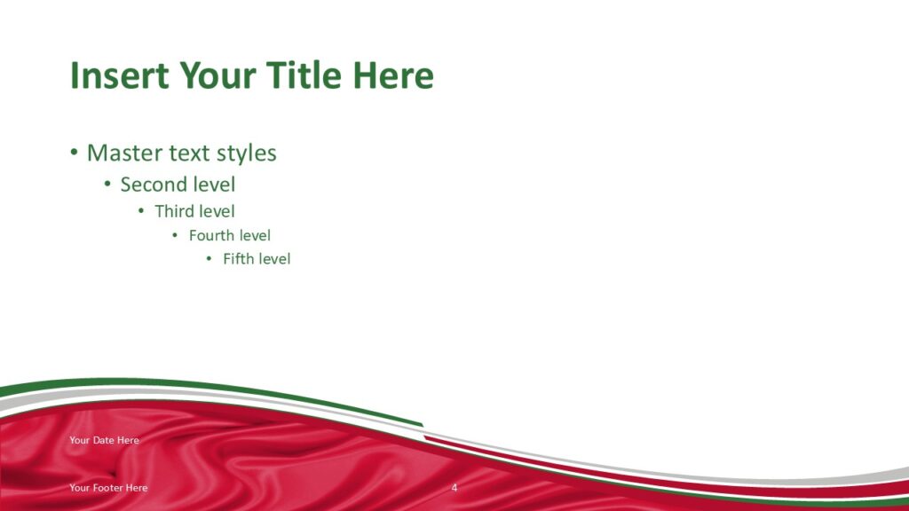 Italy Flag PowerPoint Template Red Wave Slide Italy flag PowerPoint template slide with red fabric wave background and curved Italian tricolor ribbon accents.