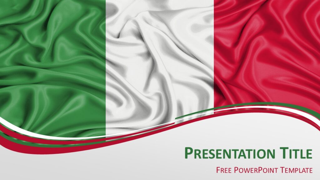 Italy Flag PowerPoint Template Italy flag PowerPoint template with waving Italian tricolor background and curved ribbon waves for presentation slides.