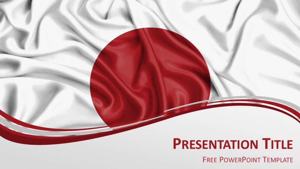 Japan flag PowerPoint template featuring waving white background with red circle and elegant wave design for presentation slides.