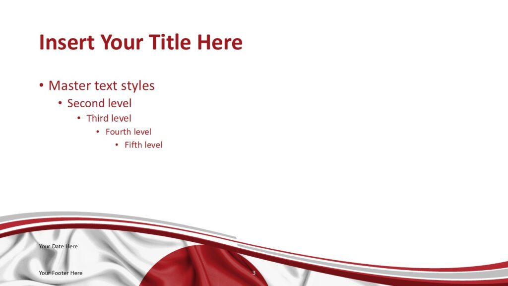 Japan Flag Red Wave Slide Template for PowerPoint PowerPoint slide template with Japanese flag colors and flowing red wave pattern suitable for professional presentations.