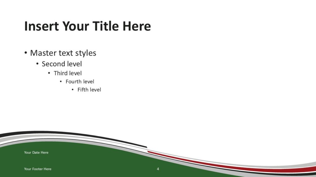 Kenya Flag PowerPoint Template Green Wave Slide Kenya flag PowerPoint template slide with green wave background and curved ribbon accents reflecting Kenyan flag theme.