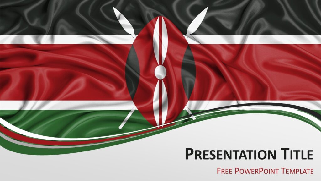 Kenya flag PowerPoint template cover slide with waving Kenyan flag background and curved ribbon wave design.