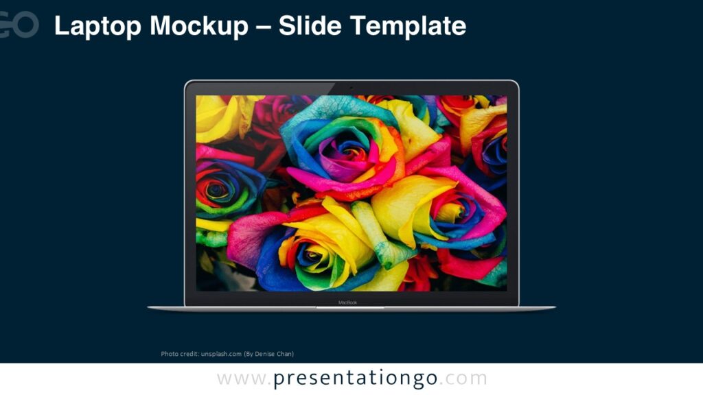 Laptop Mockup Template for PowerPoint Dark Slide Laptop mockup template for PowerPoint on dark background showing notebook screen with colorful image as customizable placeholder.