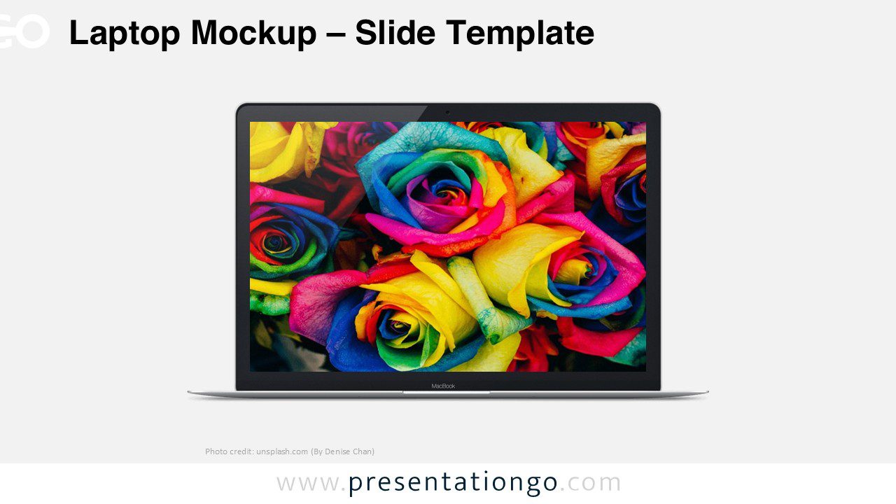 Laptop mockup template for PowerPoint displaying a notebook screen with colorful image used as picture placeholder for website or portfolio preview.