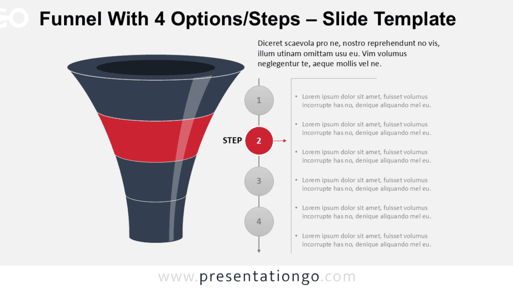 Layered Funnel Process Step 2 for PowerPoint Editable layered funnel diagram for PowerPoint emphasizing step 2, useful for explaining sequential stages in a funnel workflow.