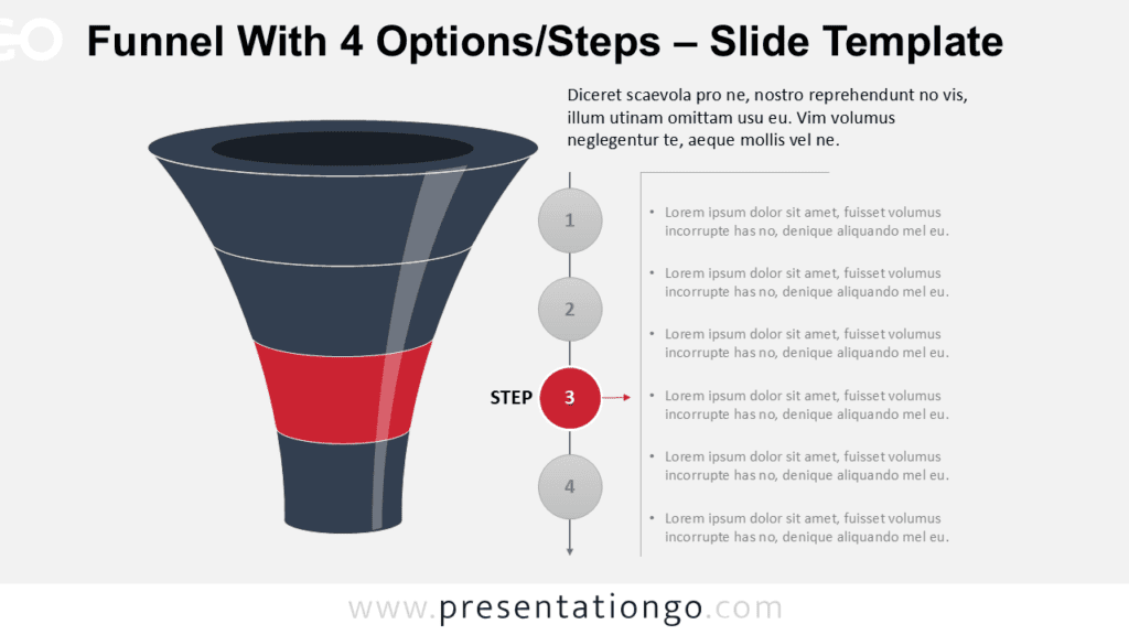 Layered Funnel Process Step 3 for PowerPoint Editable layered funnel diagram for PowerPoint with step 3 highlighted, suitable for illustrating multi-stage business or marketing funnels.