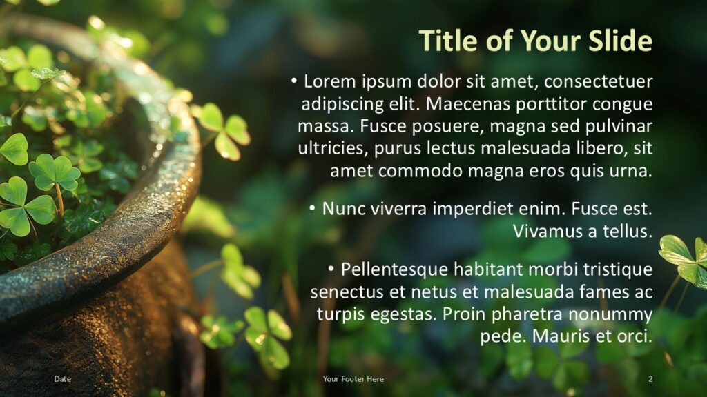 Lucky Clover Content Slide for PowerPoint and Google Slides Lucky Clover PowerPoint and Google Slides template slide with title and bullet content layout over nature photography background and green theme.