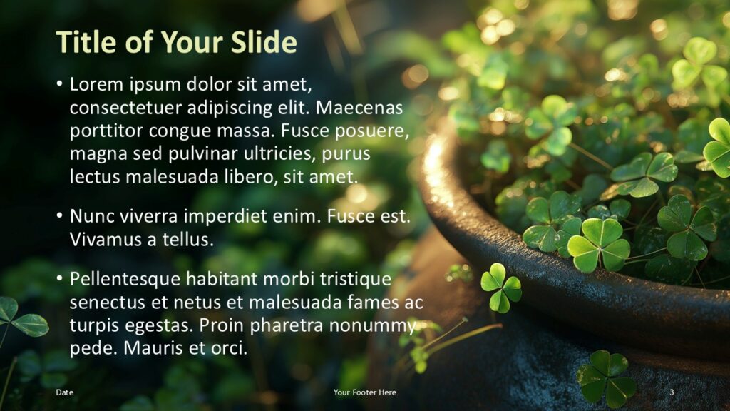 Lucky Clover Text Layout for PowerPoint and Google Slides Editable Lucky Clover PowerPoint and Google Slides template slide with text content area, natural clover photo background, and clean presentation layout.