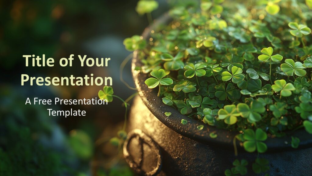 Lucky Clover Cover Slide for PowerPoint and Google Slides Lucky Clover cover slide for PowerPoint and Google Slides with close-up clover photography, soft lighting, and elegant nature-inspired presentation design.