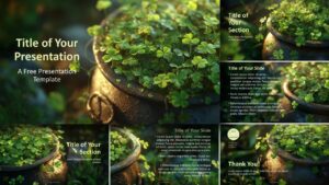 Lucky Clover presentation template for PowerPoint and Google Slides featuring nature-inspired slides with clover imagery and elegant green design.