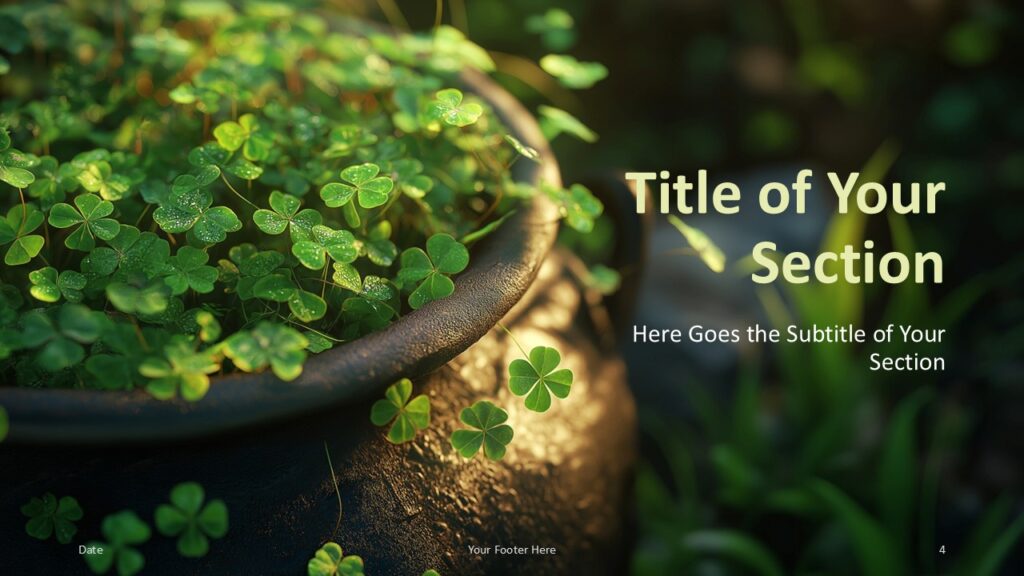 Lucky Clover Section Divider for PowerPoint and Google Slides Lucky Clover PowerPoint and Google Slides template section divider slide with elegant clover background image and clean title layout.