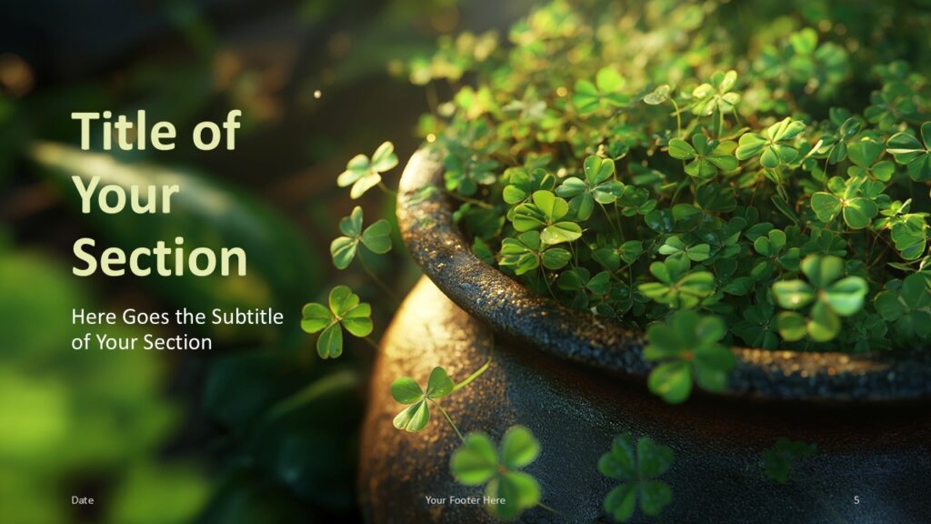 Lucky Clover Presentation Section Slide for PowerPoint Lucky Clover presentation template section slide for PowerPoint and Google Slides featuring botanical clover imagery and modern slide structure.