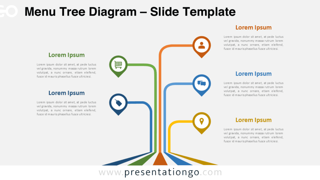 Menu Tree Diagram for PowerPoint Menu tree diagram for PowerPoint with five vertical branches showing hierarchical menu structure with icons and editable shapes.