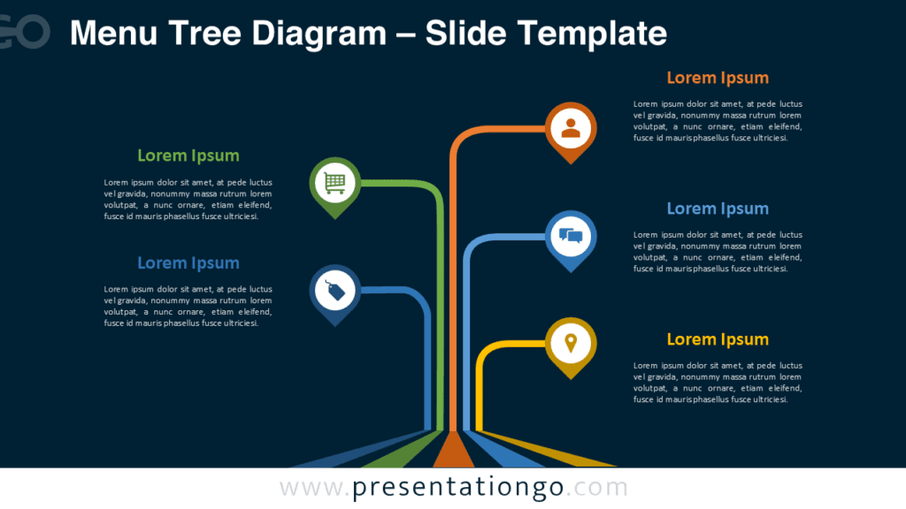 Menu Tree Diagram for PowerPoint Dark Slide Menu tree diagram for PowerPoint on dark background with five vertical branches illustrating hierarchy and menu structure.