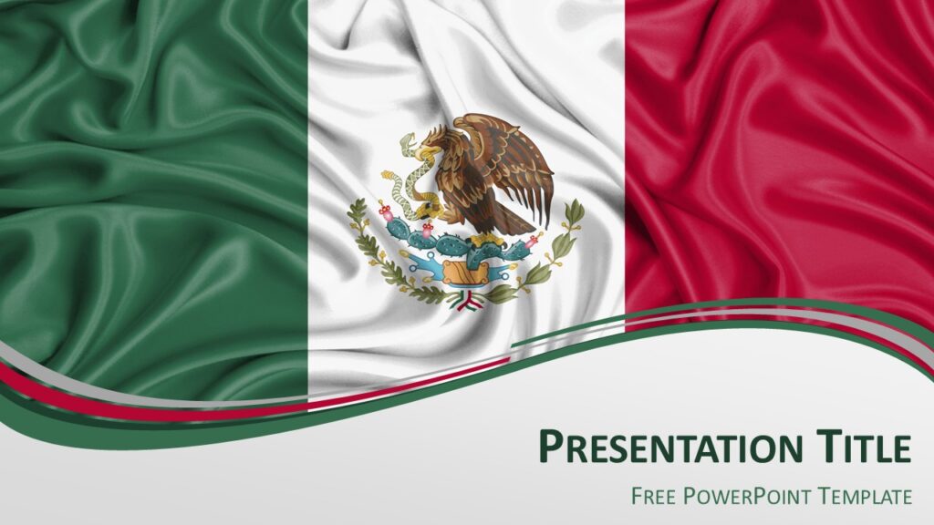 Mexico flag PowerPoint template featuring waving green white red Mexican flag with eagle emblem and modern wave design for slides.