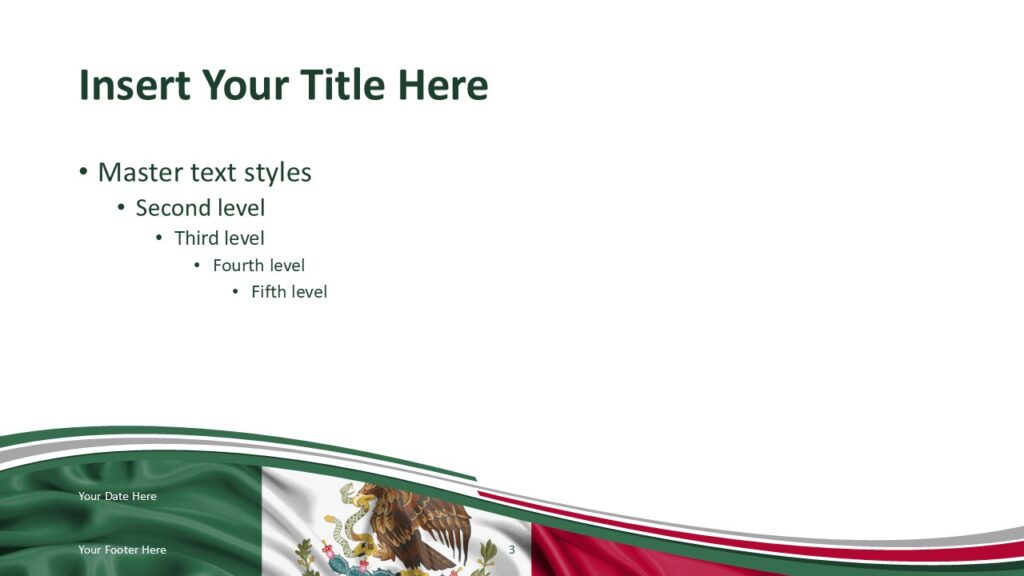 Mexico Flag Eagle Slide Template for PowerPoint PowerPoint slide template with Mexican flag colors and eagle emblem with flowing wave pattern suitable for presentations.