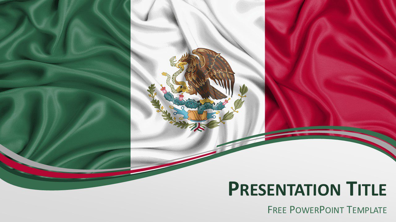 Mexico flag PowerPoint template featuring waving green white red Mexican flag with eagle emblem and modern wave design for slides.