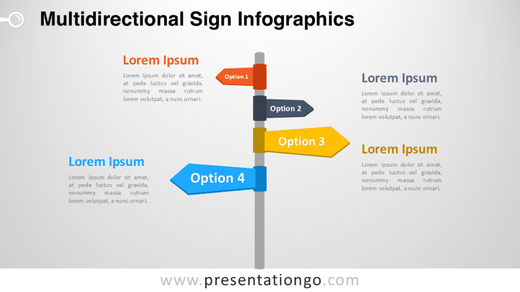 Multidirectional sign infographic template for PowerPoint showing road sign arrows pointing in different directions to illustrate options or strategy.