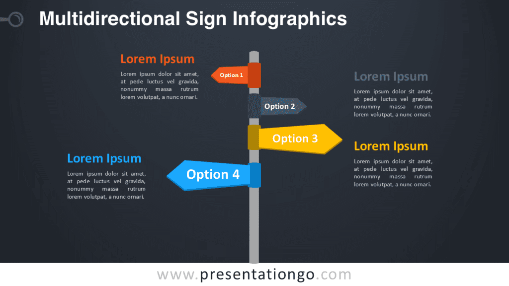 Multidirectional Sign Infographics for PowerPoint Dark Slide Multidirectional sign infographic template for PowerPoint on dark background with road sign arrows representing choices, strategy or decisions.