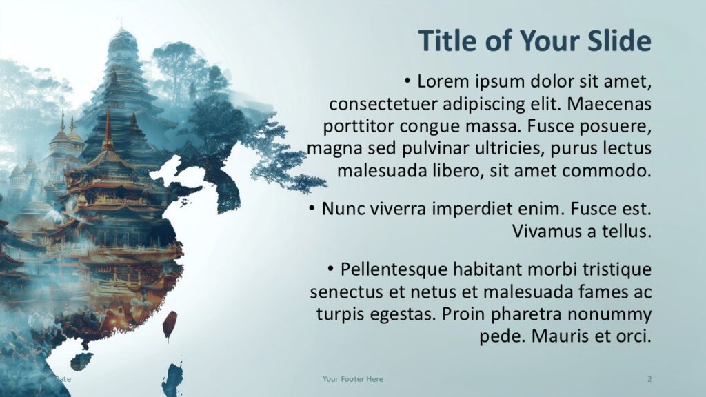 Mystic Asia PowerPoint Google Slides Content Layout 1 Mystic Asia title and content slide for PowerPoint and Google Slides with text layout and Asia-inspired double exposure imagery.