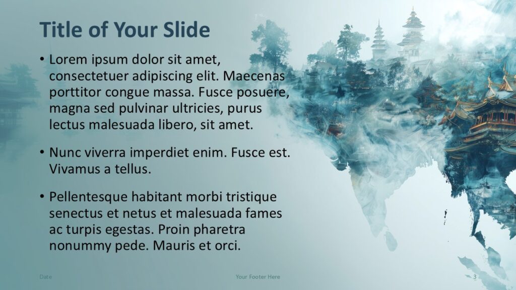 Mystic Asia PowerPoint Google Slides Content Layout 2 Mystic Asia content slide layout for PowerPoint and Google Slides with mirrored design and artistic Asia landscape visuals.