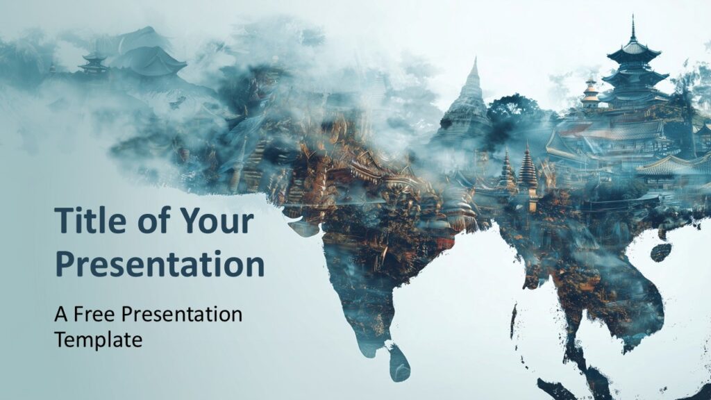 Mystic Asia PowerPoint Google Slides Cover Slide Mystic Asia cover slide for PowerPoint and Google Slides with double exposure Asia map and cultural landscape visuals.