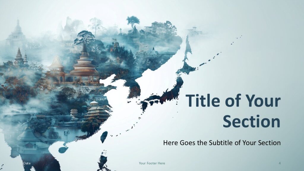 Mystic Asia PowerPoint Google Slides Section Divider 1 Mystic Asia section divider slide for PowerPoint and Google Slides featuring Asia map silhouette with misty architectural visuals.