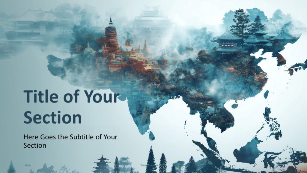 Mystic Asia PowerPoint Google Slides Section Divider 2 Mystic Asia section divider layout for PowerPoint and Google Slides with immersive Asia map and layered cultural scenery.