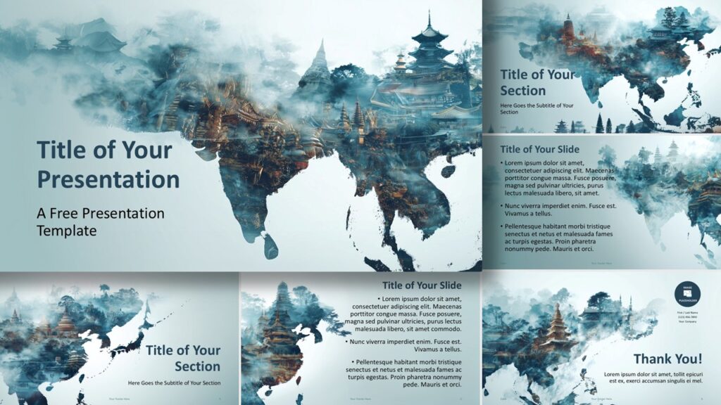 Mystic Asia presentation template for PowerPoint and Google Slides featuring all slides with artistic Asia map and double exposure design.