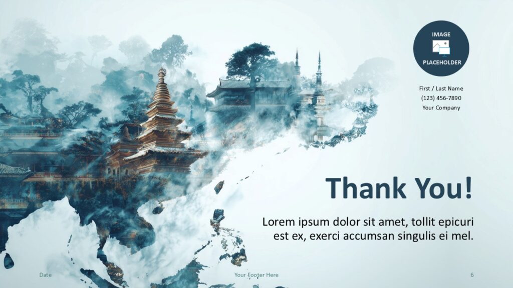 Mystic Asia PowerPoint Google Slides Thank You Slide Mystic Asia thank you slide for PowerPoint and Google Slides with clean layout and double exposure Asia map background.
