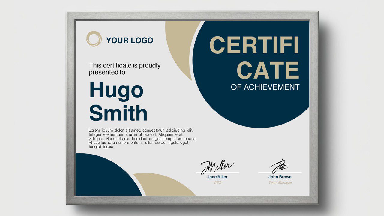 Navy blue modern certificate template for PowerPoint and Google Slides with clean geometric layout and elegant professional design for awards.