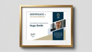 Navy gold executive certificate template for PowerPoint and Google Slides with clean geometric layout and elegant professional design for awards.
