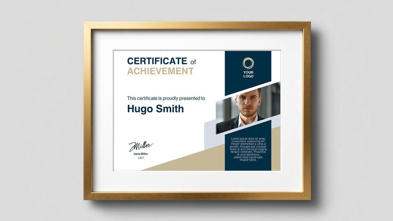 Navy gold executive certificate template for PowerPoint and Google Slides with clean geometric layout and elegant professional design for awards.