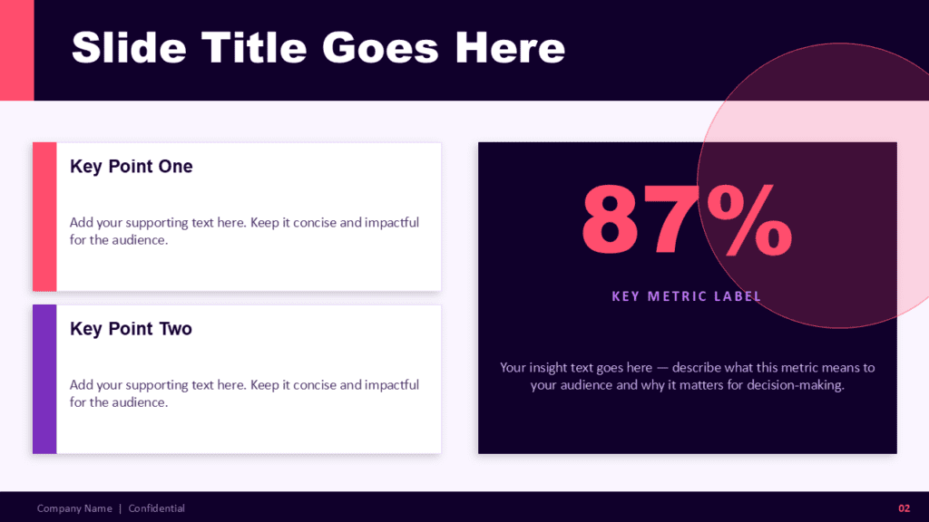 Neon Orbit KPI Slide for PowerPoint and Google Slides Neon Orbit KPI slide for PowerPoint and Google Slides template featuring key points cards and bold percentage highlight.