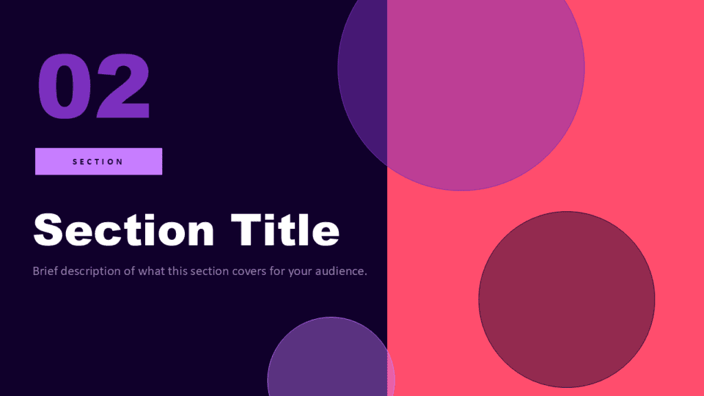 Neon Orbit Section Slide for PowerPoint and Google Slides Neon Orbit second section slide for PowerPoint and Google Slides template with bold color blocks and circular accents.
