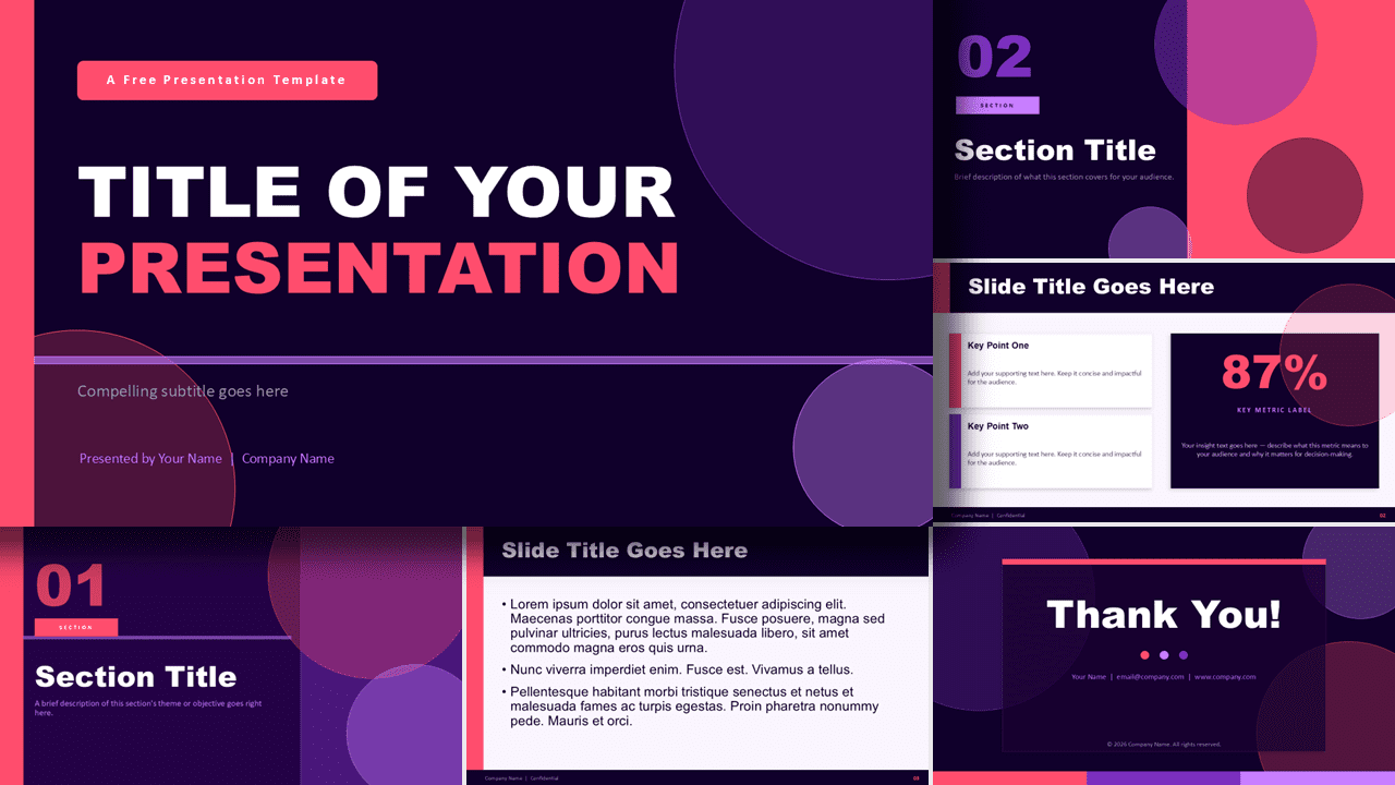 Neon Orbit Template for PowerPoint and Google Slides featuring all seven slides with bold typography and vibrant circular design elements.