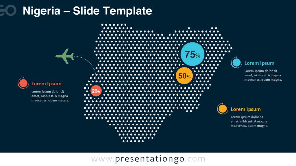 Nigeria Dotted Map Infographic PowerPoint Dark Background Nigeria dotted map infographic for PowerPoint with modern dot map visualization and editable markers for presenting geographic statistics in presentations.