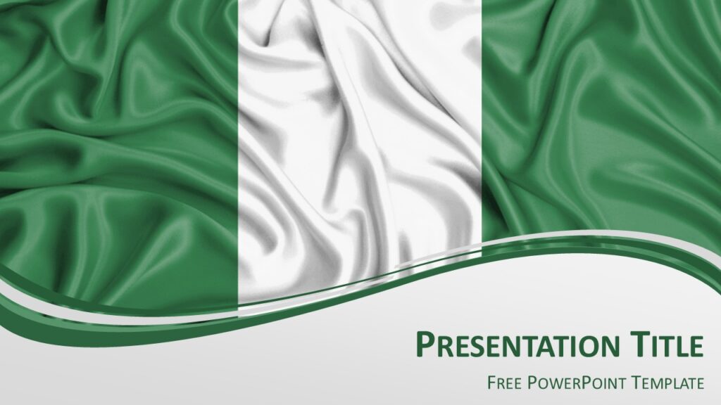 Nigeria Flag PowerPoint Template for PowerPoint and Google Slides Nigeria flag PowerPoint template with waving green and white Nigerian flag and elegant wave design for presentation slides.