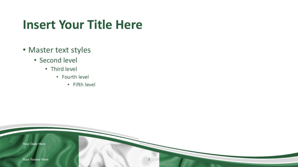 Nigeria Green and White Slide Template for PowerPoint PowerPoint slide template featuring Nigerian flag colors with flowing green and white wave design for presentations.
