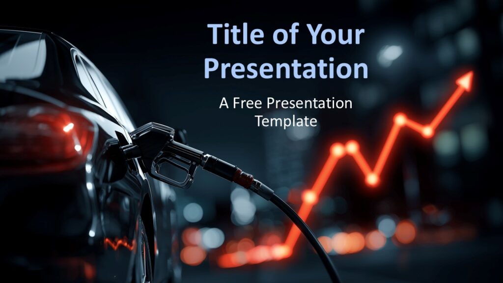 Oil Price Trends Cover Slide PowerPoint and Google Slides Cover slide from Oil Price Trends presentation template for PowerPoint and Google Slides showing fuel nozzle imagery with rising market chart visuals.