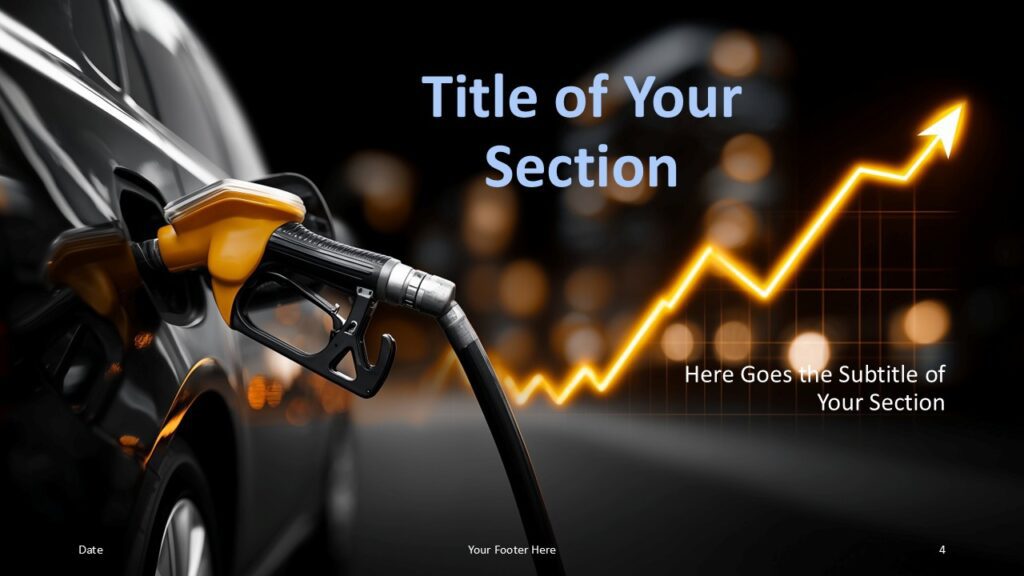 Oil Price Trends Section Divider PowerPoint and Google Slides Section divider slide from Oil Price Trends presentation template for PowerPoint and Google Slides featuring rising financial chart and fuel imagery.