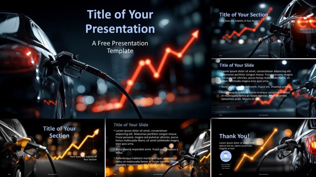 Oil Price Trends presentation template for PowerPoint and Google Slides featuring energy market visuals, fuel imagery, and growth charts for business reports.