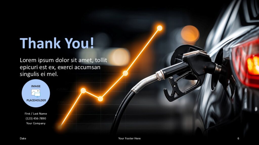 Oil Price Trends Thank You Slide PowerPoint and Google Slides Thank you slide from Oil Price Trends presentation template for PowerPoint and Google Slides including contact layout and energy market visuals.